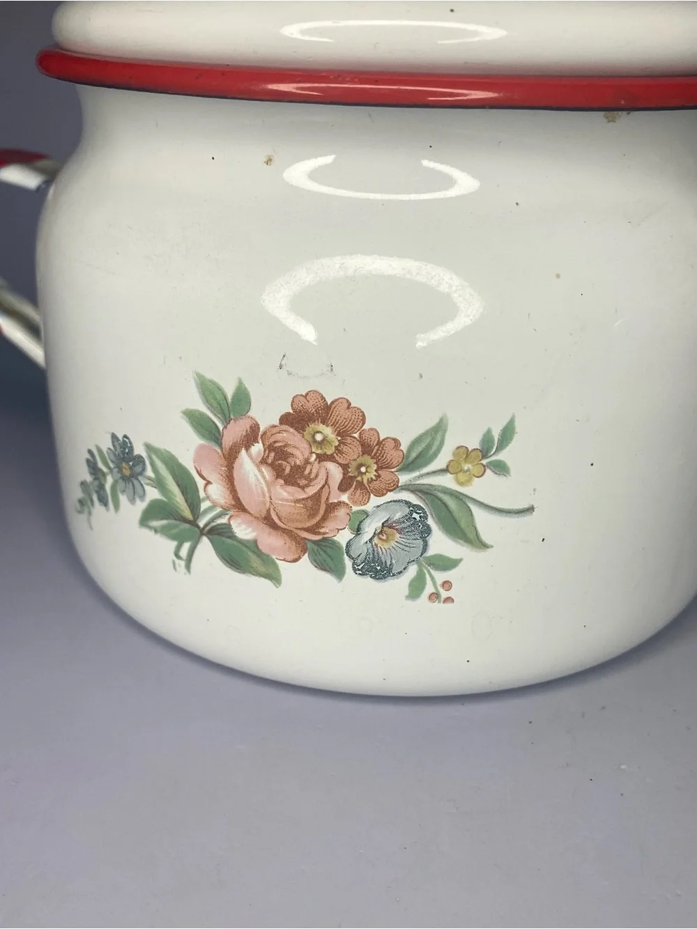 Vintage Cinsa Saltillo Mexico Enamelware White/Red Sugar Pot Floral Design